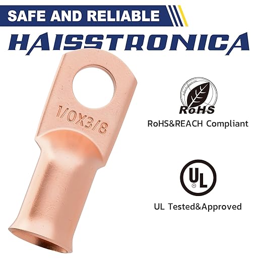 haisstronica 10pcs 1/0 AWG - 3/8"(M10) Battery Cable Lugs, Heavy Duty Copper Wire Lugs with 10pcs 3:1 Adhesive Heat Shrink Tubing,0 Gauge Wire Connectors Battery Terminal Connector,Battery Cable Ends