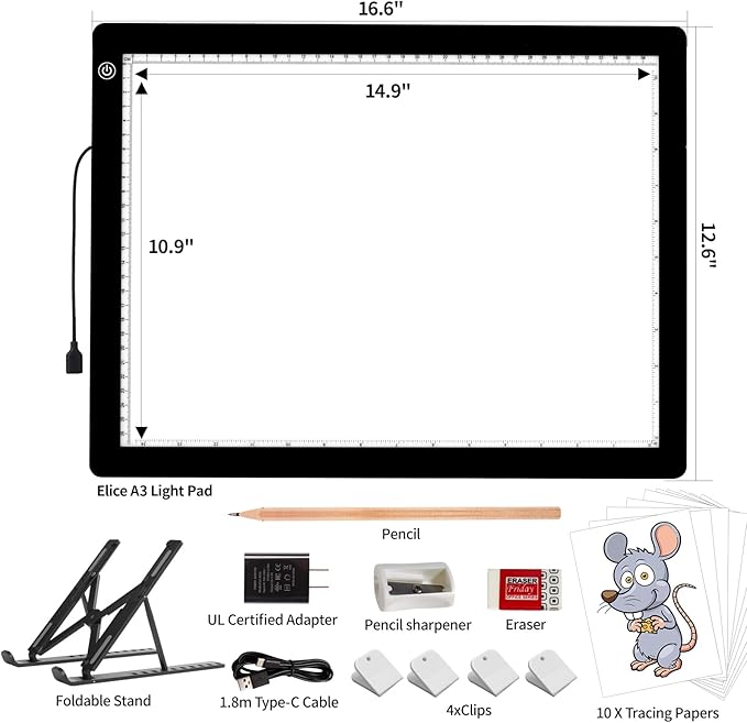 A3 LED Light Box for Tracing, elice Artist Drawing Lightbox Light Table Light Pad Light Copy Board, Up to 8000 Lux Super Bright Lightpad for Cricut Weeding Vinyl, Diamond Painting, Sketching (Black)