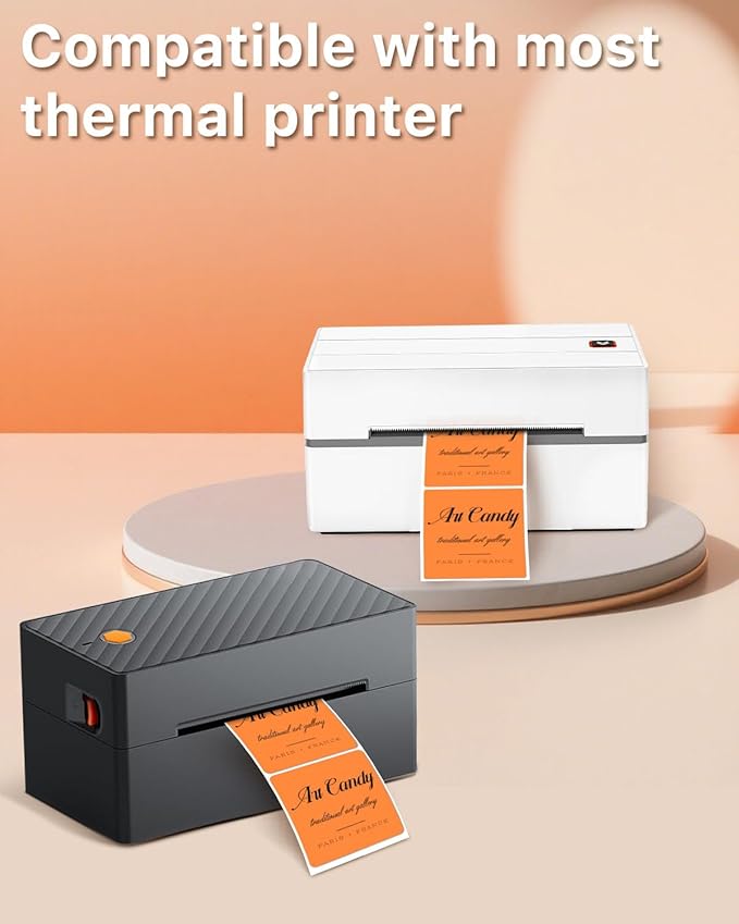 iEager Orange Square Thermal Label Stickers, 2"x2" Self-Adhesive Square Direct Thermal Labels with Perforation Line, 500 Sheets/Roll