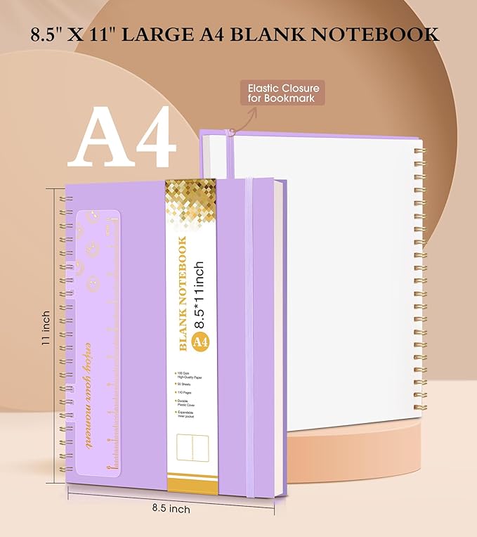 Blank Spiral Notebook Journal 8.5” x 11”, A4 Large Sketch Book for Women Men, 100 GSM Blank Paper Drawing Notebook, Plastic Hardcover Spiral Bound Sketchbook for Sketching Work School Writing, Purple
