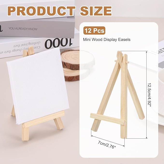 MECCANIXITY Mini Wood Display Easels, 4.9"x2.8"A-Frame Painting Tabletop Easels Holder Stand for Artists Beginners Displaying Small Canvases Art Photos Business Cards(Pack of 12, Wood Color)