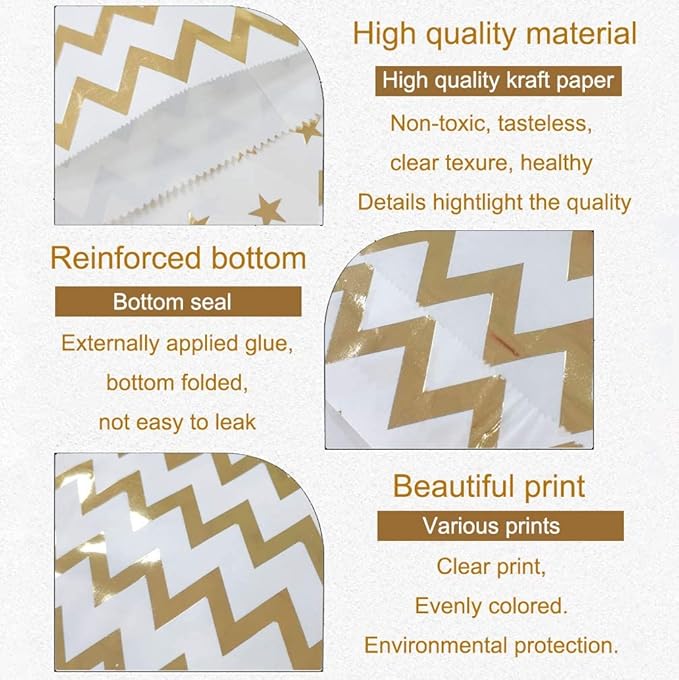 KEYYOOMY 200 Pcs Bright Gold Candy Buffet Bags - Small Polka Dot Paper Treat Bags for Wedding & Birthday Party (5 x 7 inch)