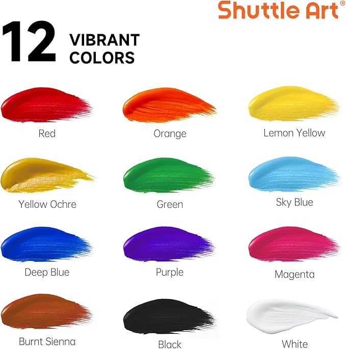 Shuttle Art Acrylic Paint, 12 Colors Acrylic Paint Large Bottle Set, 473ml/16oz Each, Rich Pigments, High Viscosity, Bulk for Artists, Beginners and Kids on Rocks Crafts Canvas Wood