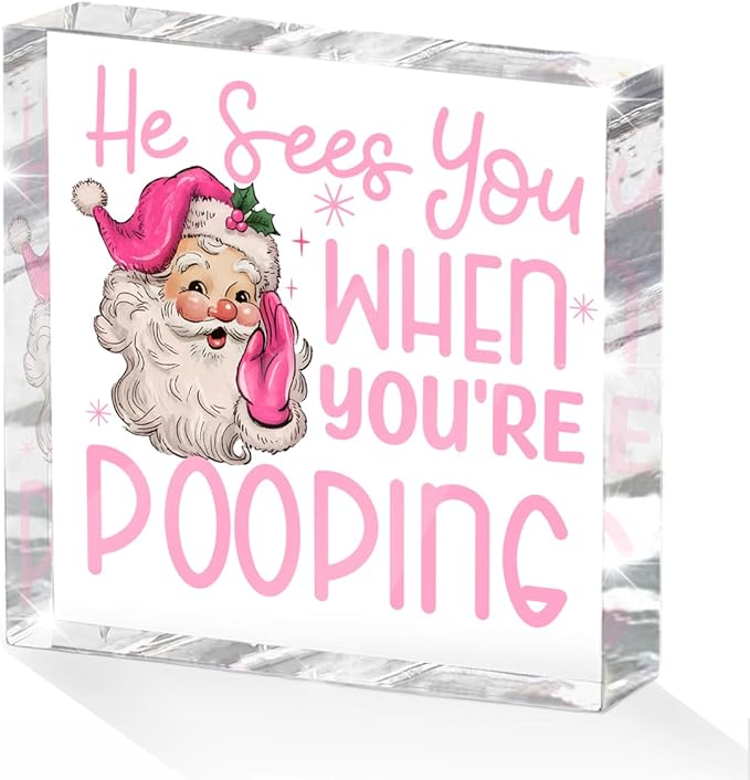 Funny Santa Desk Decor Acrylic Sign 4X4 Inch, Humorous Christmas Decorations Desk Signs for Toilet Cubicle Room Bathroom, Gag Gifts for Women Men Friends