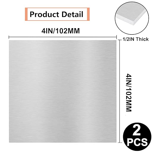 2Pack 6061 T651 Aluminum Sheet Metal 4 x 4 x 1/2Inch (12.7MM) Flat Plain Thickened Aluminum Plate Covered with Protective Film, Heat Treatable Rectangle 0.50" Thick Aluminum Metal Plate for Industrial