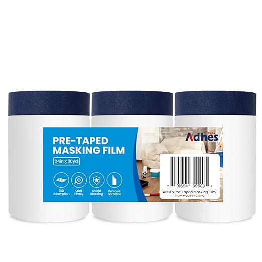 ADHES Painters Plastic with Tape, 24 inch x 90 feet x 3 Rolls Painters Tape with Plastic Attached, Pre Taped Masking Film Tape and Drape for Automotive Painting Covering
