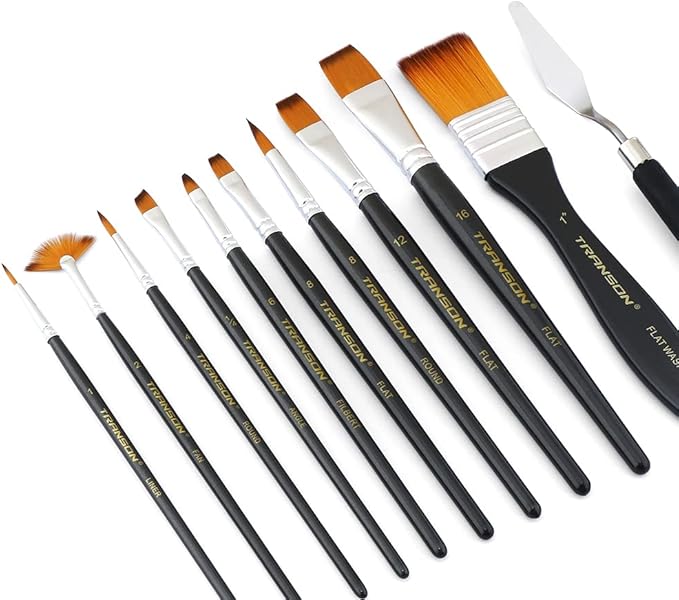 Transon Paint Brush Kit 10pcs Art Brushes and 1 Paint Spatula with Brush Case