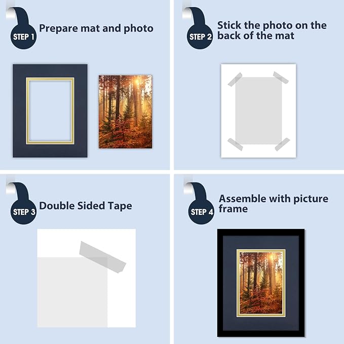 Mat Board Center, Double Mat - Acid Free, 8-ply Thickness, White Core - for Pictures, Photos, Framing (Blue Over Gold, 8x10 for 5x7, Pack of 5)