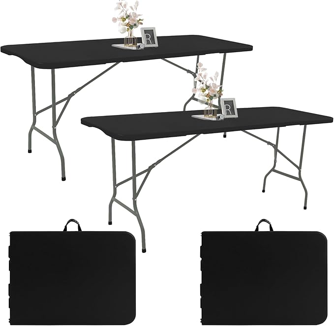 2 Pack 6 FT Folding Tables Black Foldable Table, Fold-in-Half with Carrying Handle Portable Plastic Rectangular Table for Party, Dining, Wedding, Camping, Picnic, Indoor Outdoor Events