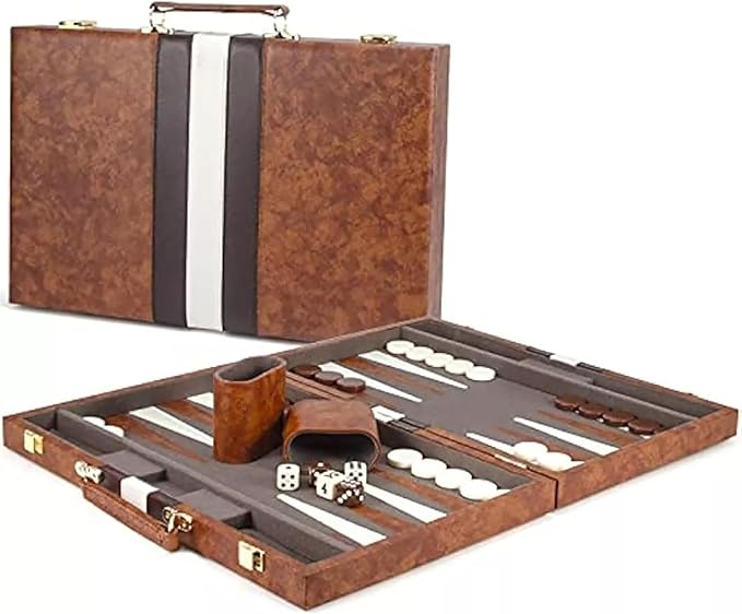 15inch Backgammon Set Classic Folding Board with Leather Case, Portable Travel Game, Ideal Gift Package for Strategy Lovers