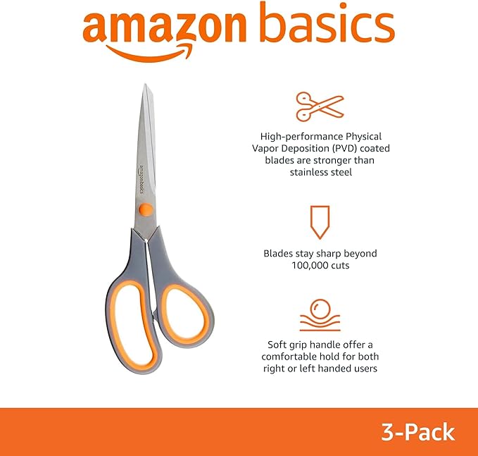 Amazon Basics Stainless Steel Scissors for Office, Crafts, Multipurpose, Sharp, Comfort Grip, PVD Coated, 3 Pack, Multicolor