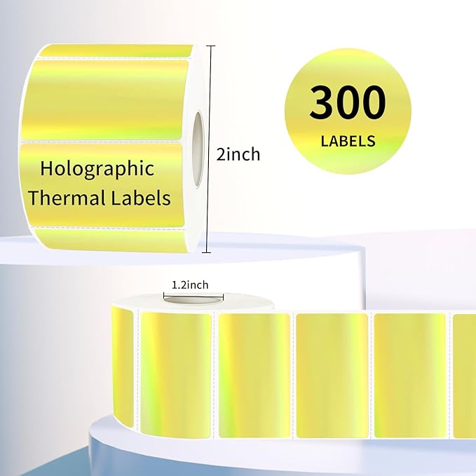 Direct Thermal Label 2x1 Inch- Barcode Labels- Holographic Thermal Sticker Labels for Address, Shipping, Compatible with Rollo Label Printer & MUNBYN& Zebra (300 Labels/Yellow)
