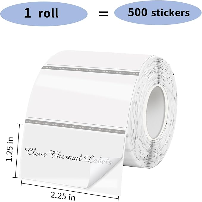 1.25" x 2.25" Transparent Thermal Label Stickers,Waterproof Thermal Printer Sticker Labels for Gift Wrapping, Self-Adhesive Name Price Tag DIY Custom Logo Design (500 pcs,Clear)