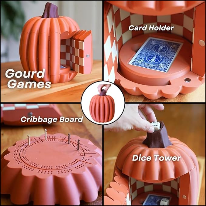 Forgecore Gourd Games, Pumpkin Game Set: Magnetic Chess Checkers, Dice Tower, Cribbage, Card Holder, Gourd Gambit Pumpkin Chess Expansion Pack, 3D Printing Portable Adult Pumpkins Board Game Set(2#2)
