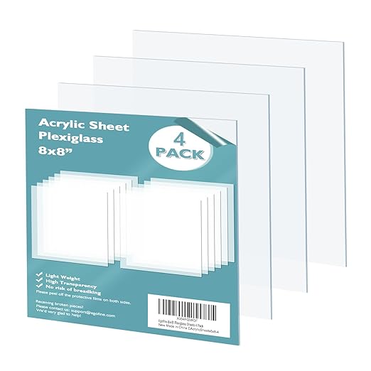 Egofine Plexiglass Sheets Acrylic Sheets 4 Pack of 8x8’’ 0.04 Thick Clear Plastic Cast Transparent Plexi Glass for Crafting Projects, Replacement Picture Frame Glass, DIY Display, Easy to Cut