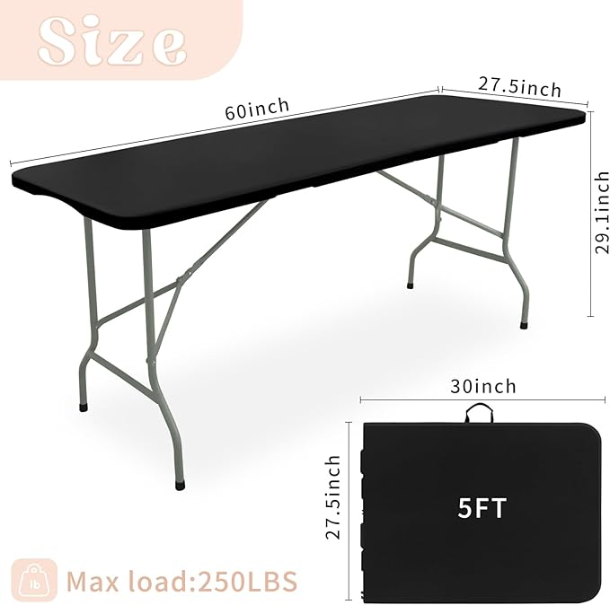 Set of 2 Folding Table 5 FT Camping Table Portable Heavy Duty Plastic Rectangular Outdoor Dining Table Steel Legs Fold-in-Half with Carrying Handle for Indoor,Picnic,Party,Wedding,Events(Black)