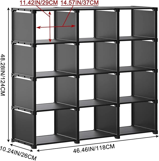 12 Cube Storage Organizer Book Shelves, DIY Open Stackable Bookshelf, Extra Large Plastic Bookcase Rack for Bedroom, Living Room, Home Office