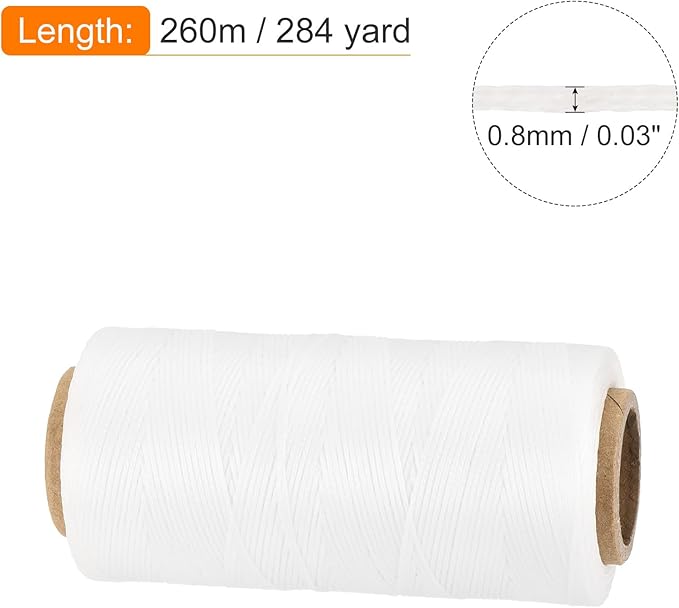 MECCANIXITY Waxed Thread,284 Yard 0.8mm 150D Flat Wax Thread Polyester Waxed String for Leather Sewing Hand Weaving Book Binding Home Decoration, White