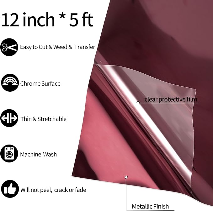 VINYL FROG Metallic Foil HTV Vinyl Roll 12" x5ft Maroon Chrome Heat Transfer Vinyl Iron on Vinyl Easy to Cut & Weed DIY Heat Press Design for T-Shirts