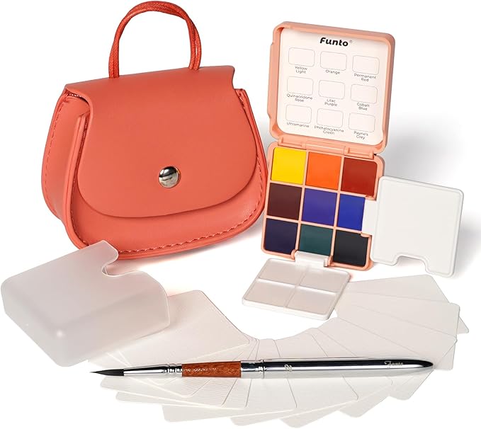 Funto Pocket Watercolor Set, Travel Color Kit, with 9 Colors, Leather Bag, Paint Water Cup, Foldable Palettes, and Mini Watercolor Papers, Set for Art