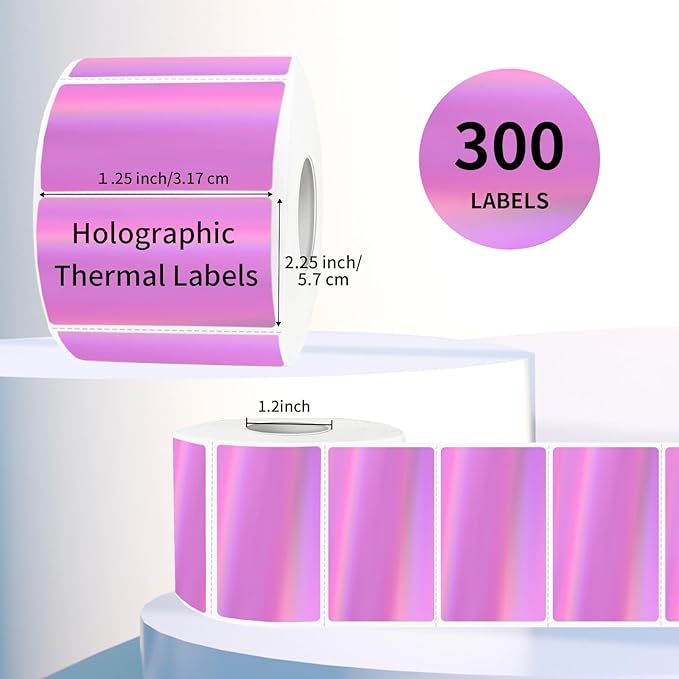 2.25"x1.25" Direct Thermal Labels, Holographic Thermal Printer Labels for Barcode, Self-Adhesive Address Shipping Thermal Label Stickers-1 Roll, 300 Labels, Holographic Pink