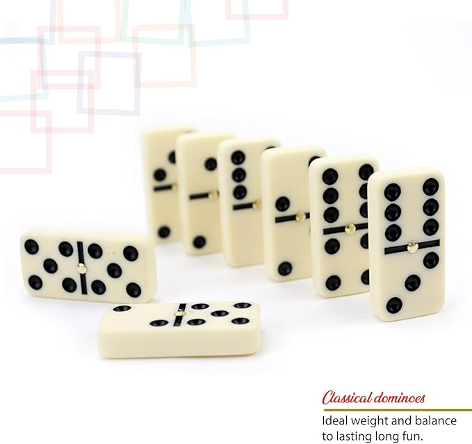 ERLLE - Premium Double 6 Dominoes Set, Classic Domino Game with Vinyl Case, Tiles for Adults & Kids, Mexican Train & Family Game Night