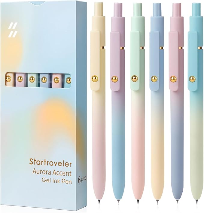 FIOVER Gel Pens, 6 Pcs 0.7mm Comfort Grip Quick Dry Black Ink Pens Fine Point Smooth Writing Pens, Cute Office Back to School Supplies Gifts for Women (6PCS Gradient Black Ink)