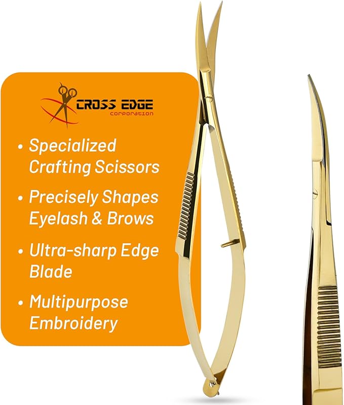 Cross Edge Curved Spring Scissors 5 Inch Stainless Steel Precision Eyebrow & Eyelash Shaping & Trimming Scissor, Snips Squeeze, Embroidery, Knitting Micro Tip Craft Scissors (Gold)
