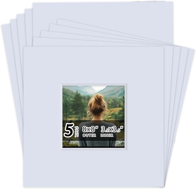 Falling in Art 5 Pack Acid Free 8x8'' White Picture Mats Board Show Kit for 4x4'' Photos, 4-Ply Beveled Pre-Cut Photo Mats with Backing Board for Frames, Artwork and Prints