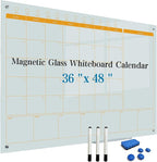 Magnetic Glass Whiteboard Calendar 48"x36" Glass Dry Erase Calender Board 36"x48" Monthly Plan White GlassBoard Wall Mounted for Office School Home (White)