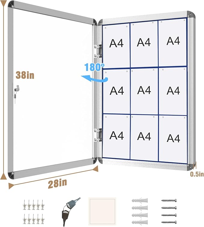 38"x28" Enclosed Bulletin Board, Lockable Weather-Resistant Aluminum Cork Noticeboard for School & Office, Silver Frame w/Blue Flet