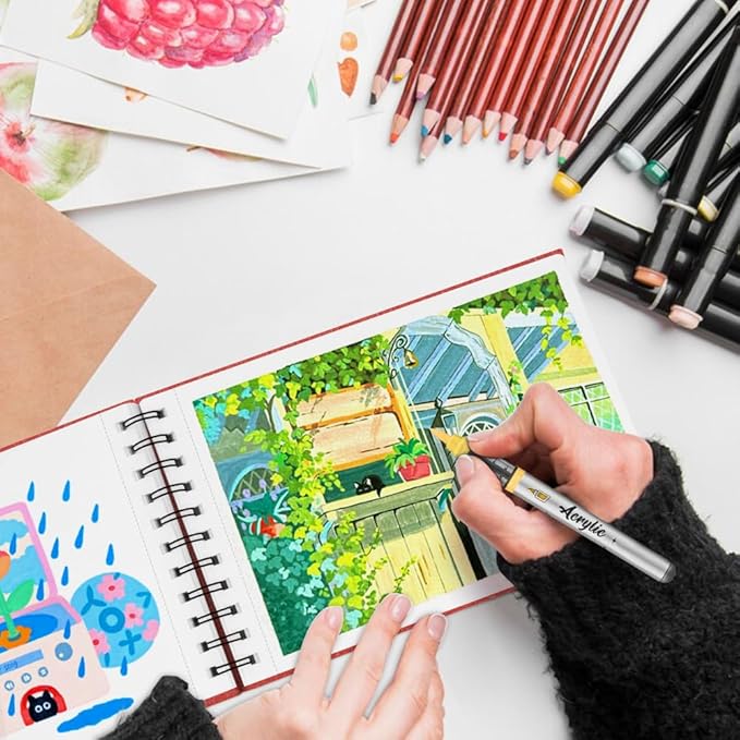 8.3x5.8 Sketch Book, Top Spiral Bound Sketch Pad, 60sheets 92lb/150gsm Bright White Paper, Acid-Free Mixed Media Paper for Painting, Dawing & Art Supplies. B-Red