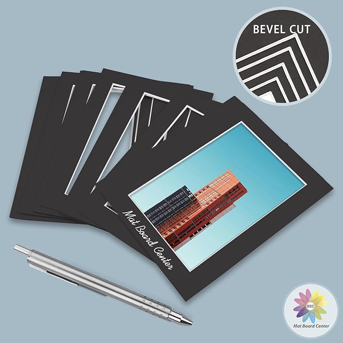 MBC MAT BOARD CENTER, 10 Pack 11x14 for 5x7 Black Picture Mats Frame Mattes, Bevel Cut, Acid Free, 4-ply Thickness