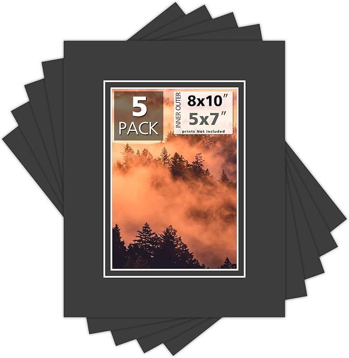 Mat Board Center, Double Mat - Acid Free, 8-ply Thickness, White Core - for Pictures, Photos, Framing (Black Over Black, 8x10 for 5x7, Pack of 5)