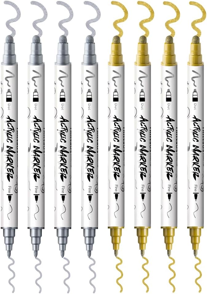 TRANSON 4 Silver and 4 Gold Paint Markers Bold and Fine Dual-tip Acrylic Paint Marker Set for Rock Painting Glass Canvas Wood Leather Ceramic Painting
