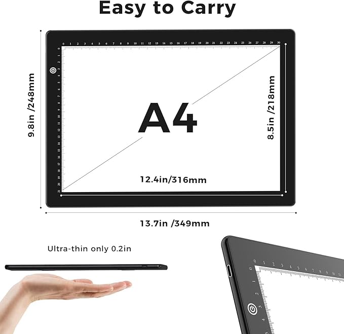 HIUKCOLED A4 Light Tracing Box with 4 Pcs Clips, Stepless Adjustable Brightness Ultra-Thin Light Pad, USB Powered LED Light Board for Drawing,Diamond Painting,Sketching,Animation,X-Ray,Sand Painting