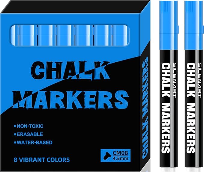 SILENART Chalk Markers - Vibrant 8 Pack - Dry Erase Markers Pen - Liquid Chalk Markers for Blackboard Chalk Board Windows Glass Acrylic Calendar Board - Erasable Chalk Marker (Blue)