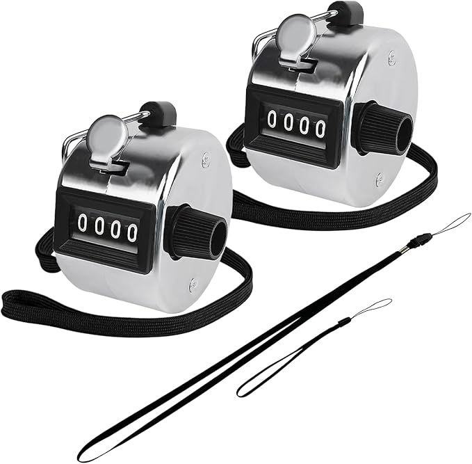 GDMINLO 2PCS Metal Hand Tally Clicker Counter, 4-Digit Number Count Clicker with Metal Case Mechanical Counter for Coaching, Knitting, Lap, Fishing, Golf and Row with 2-Nylon Lanyard,Silver