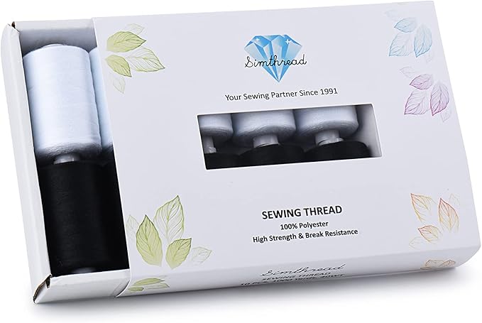 Simthread All Purpose Sewing Thread, 10 Spool (5 White+ 5 Black) 1000 Yards Each Bobbin Polyester Thread for Sewing, Handy Polyester Sewing Threads for Sewing Machine - (White and Black Series)