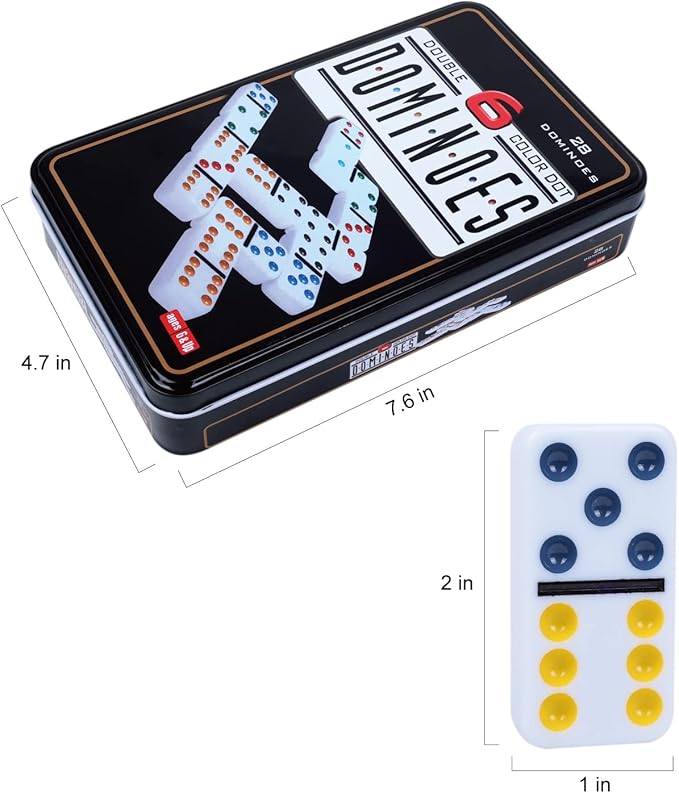 GOTHINK Double 6 Dominos Set for Adults with Tin Box Storage - 28 Tile Colorful Dot Dominoes Games Set for Family Night Gift Travel Game - Classic Party Board Game Ideal for 2-4 Players
