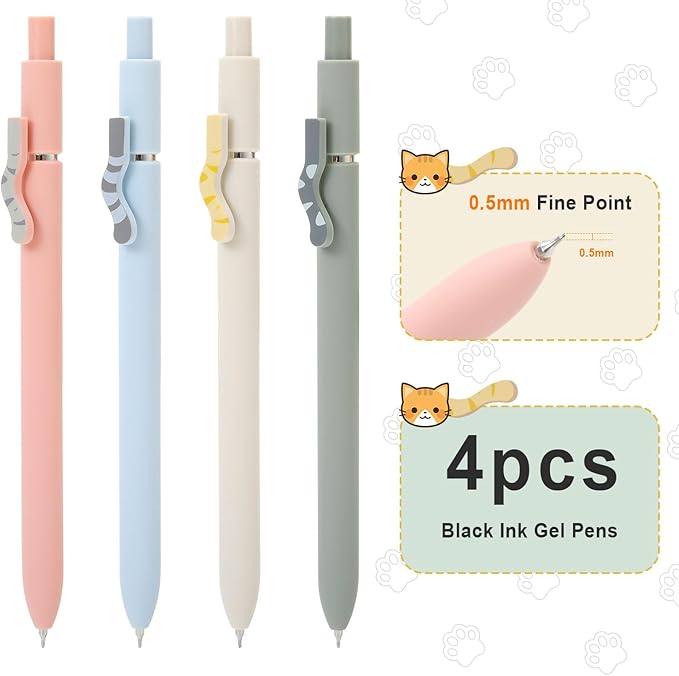 FIOVER Cat Pens,4Pcs 0.5mm Quick Dry Black Ink Fine Point Smooth Writing Pens, High-End Series Ballpoint for Journaling Note Taking, Cat Lover Gifts for Women