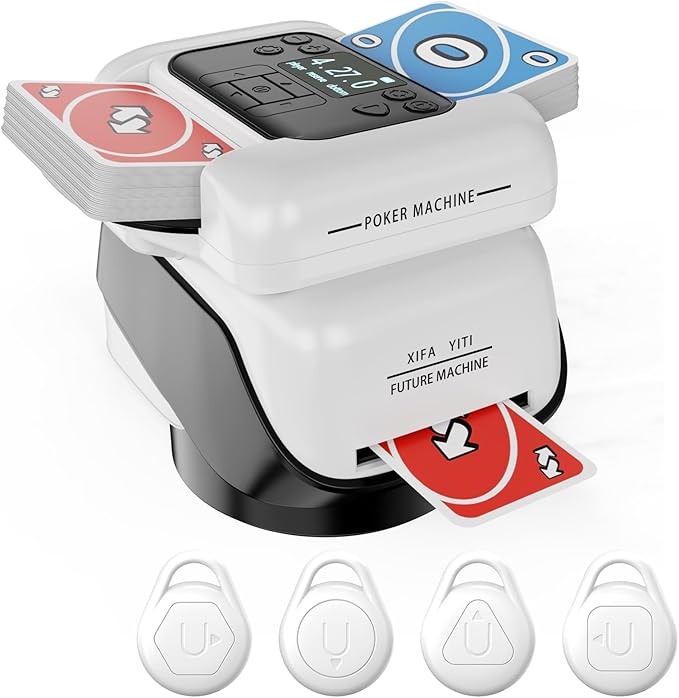 2-in-1 Automatic Card Shuffler & Dealer for 1-2 Decks Support 8 Players, 4 Drawing Remotes, Rechargeable Card Dealer Machine, Preset Games for Poker, UNO, Blackjack, Texas Hold'em, Crazy Eights