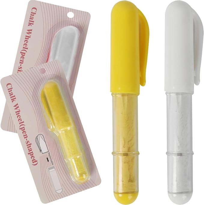 (2-pack) Fabric Chalk Markers -Erase Tailor’s Chalk for Quilting and Sewing - Compatible with Most Fabrics - With Dosing Wheel Technology, Yellow & White