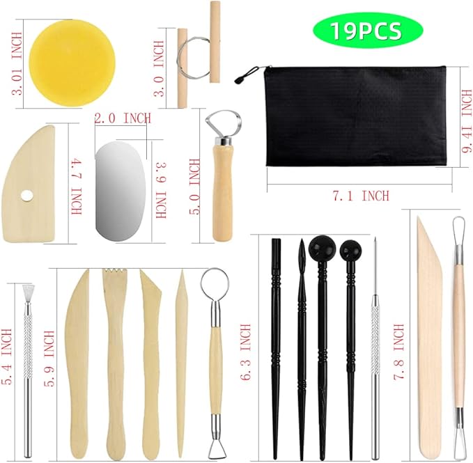 Pottery Clay Sculpting Tools for Polymer, Yagugu 19Pcs Basic Wood Ceramics Carving Tool Supplies kit Accessories for Kids, Adults and Artists Modeling Shaping Building for Art&Craft