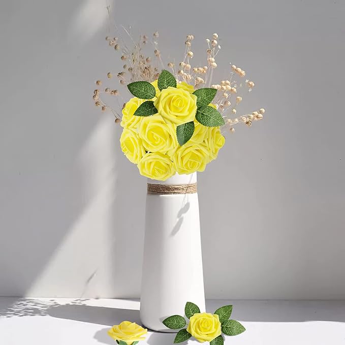 AmyHomie Artificial Flower Yellow Rose 25pcs Real Looking Fake Roses w/Stem for DIY Wedding Bouquets Centerpieces Arrangements Party Baby Shower Home Decorations