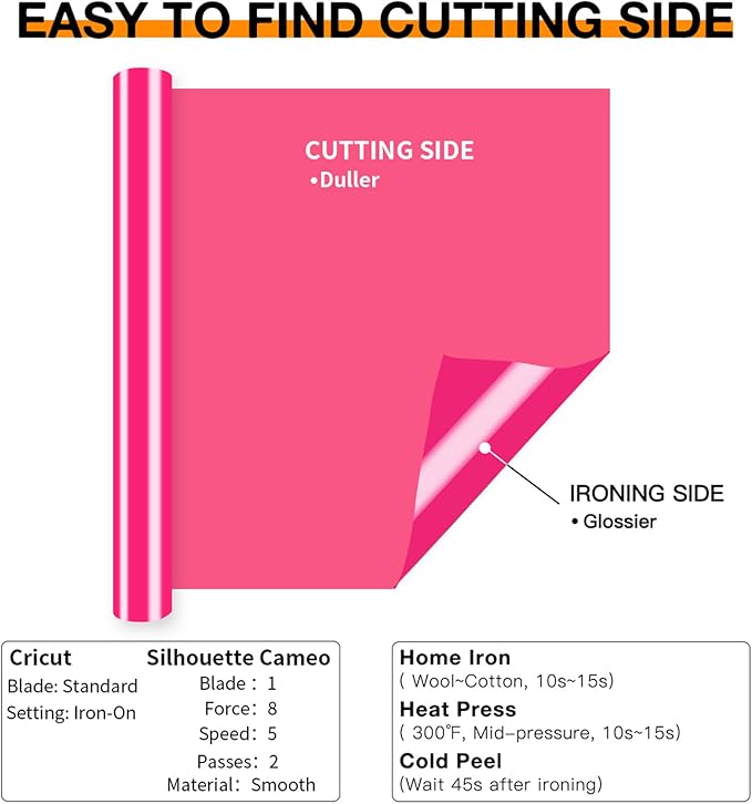 HTVRONT HTV Vinyl Rolls Heat Transfer Vinyl - 12" x 8ft Neon Pink HTV Vinyl for Shirts, Iron on Vinyl for All Cutter Machine - Easy to Cut & Weed for Heat Vinyl Design (Neon Pink)