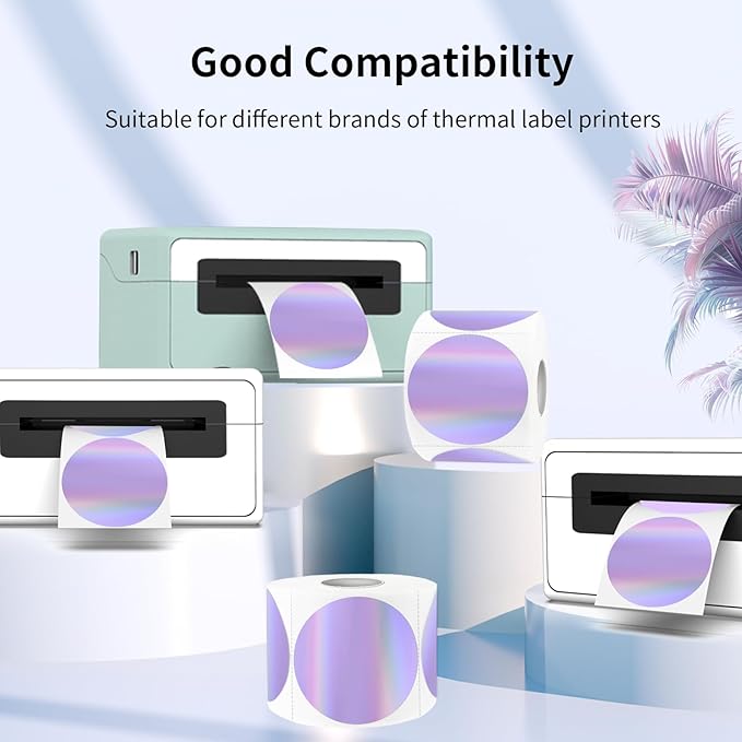 3" Holographic Direct Thermal Label Stickers, Round Printable Rainbow Glitter Thermal Printer Sticker Labels for Gift Wrapping, Self-Adhesive DIY Custom Logo Design- Holographic Purple