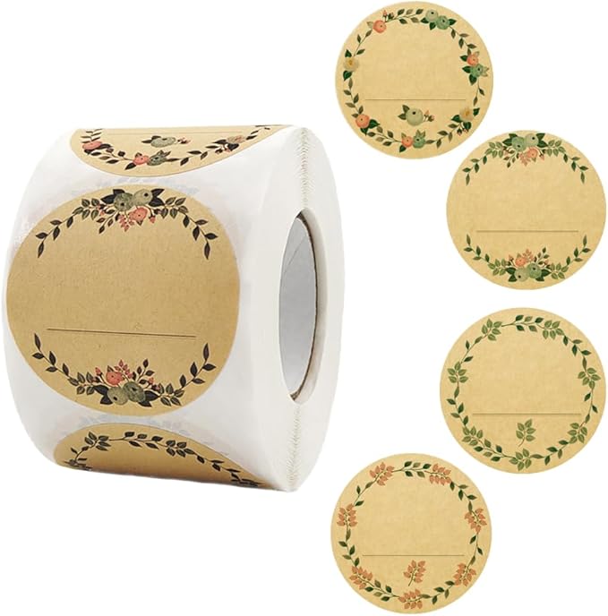 HAHIYO 1.5In 500P Round Natural Brown Kraft Stickers with Vintage Flower Design - 4 Unique Styles Blank Kraft Labels Roll to Write On Durable Dot Stickers for Jar Canning Price Tags Store Organizing
