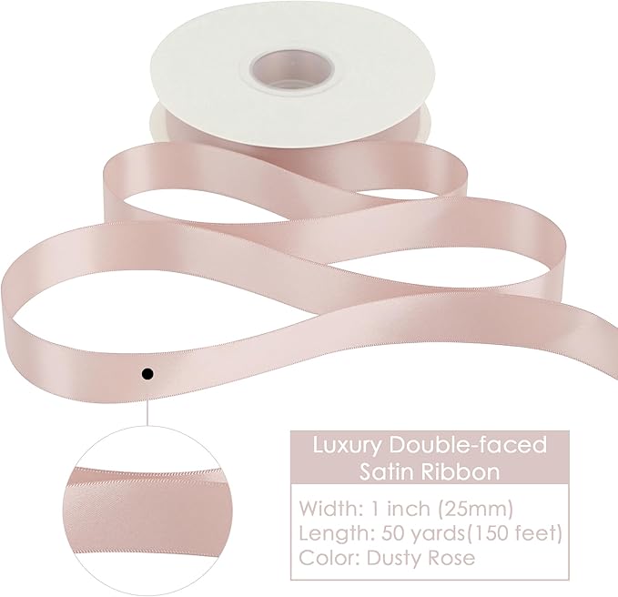 HUIHUANG Dusty Rose Satin Ribbon 1 inch x 50 Yards Double-Faced Polyester Dusty Rose Pink Ribbon for Gift Wrapping, Wedding Invitations, Hair, Bows Making, Floral Arrangement, Holiday Decor