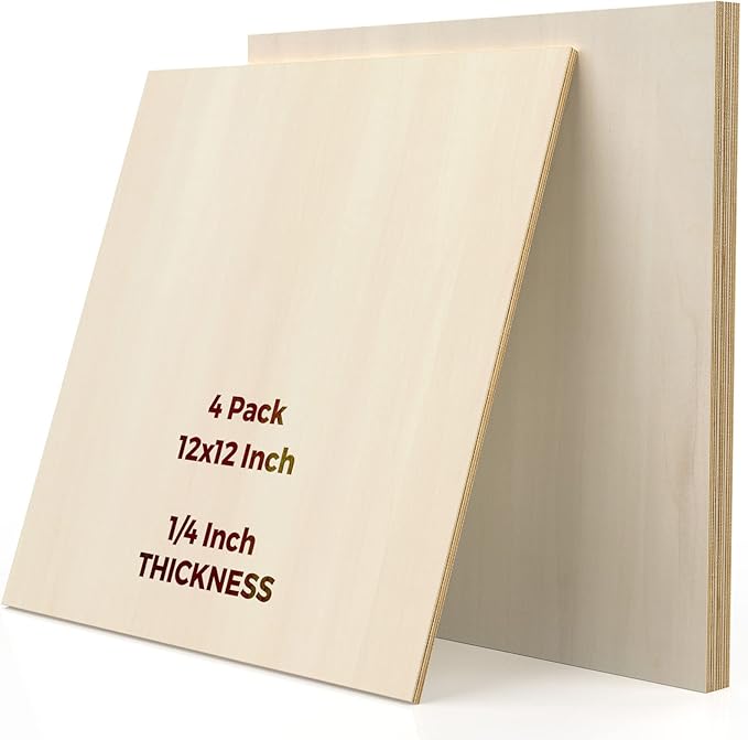 Basswood Sheets 4 Pack 12×12 x 1/4 Inch Unfinished Plywood Sheets Thin Craft Wood Board Laser Engraving Blanks Balsa Wood Sheet for Laser Cutting and Engraving, Wood Burning, Architectural Models